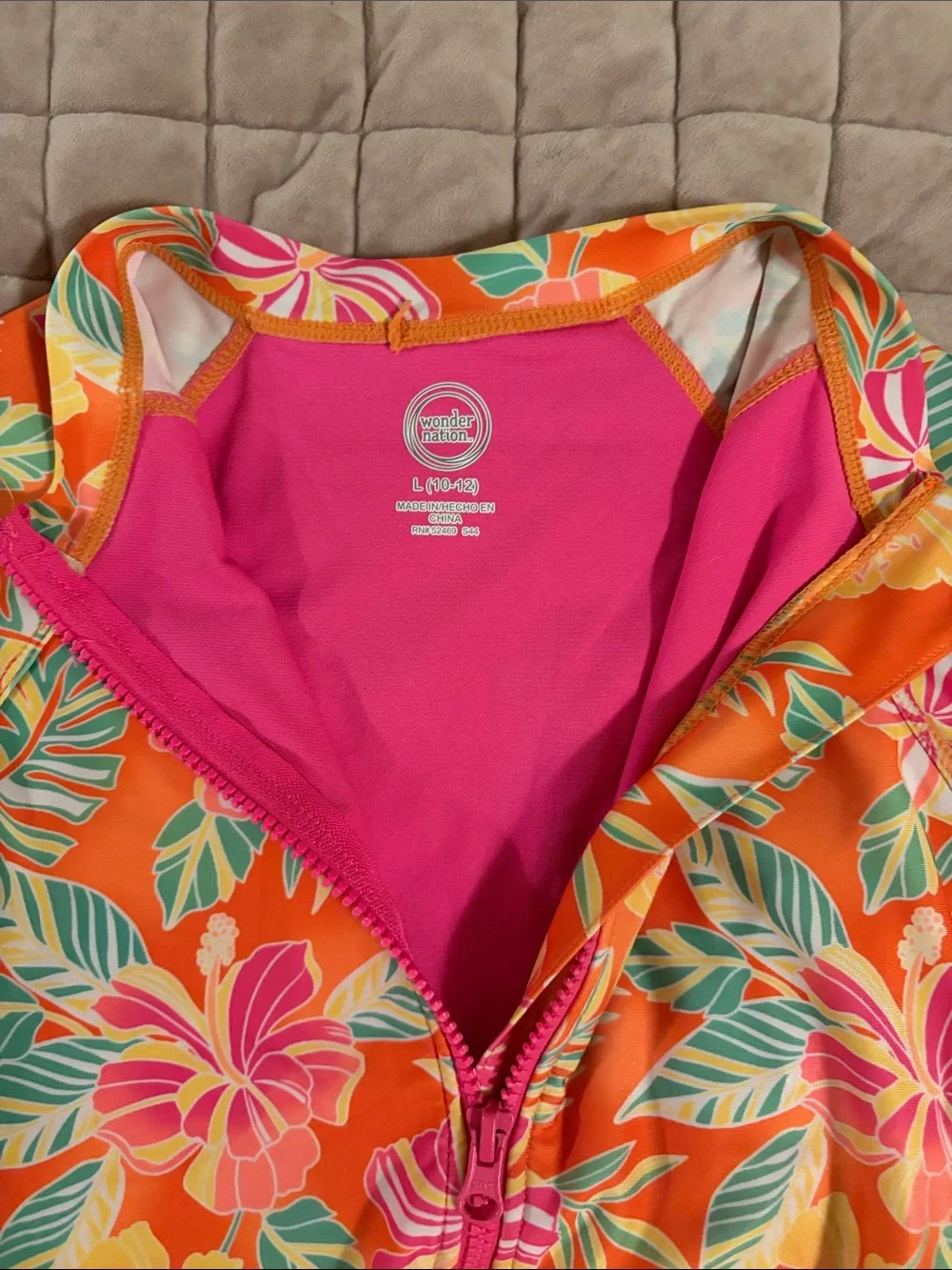 Kids Orange Floral Long-Sleeve Swim One-Piece Size L (10/12)